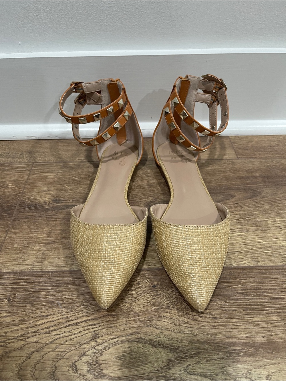 Mix No. 6 Pointed-Toe Straw Flats with Tan Studded Ankle Straps